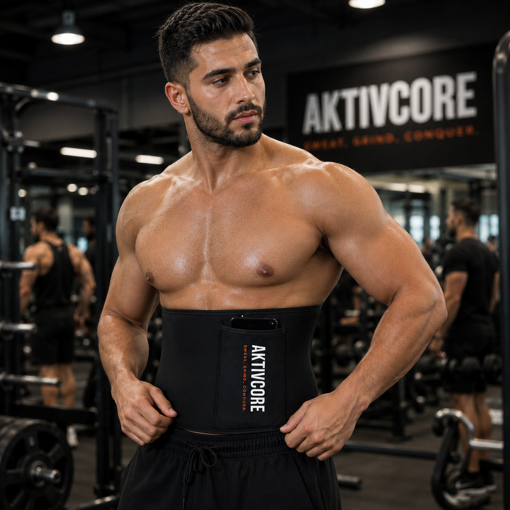 رجل يرتدي حزام خصر AKTIVCORE بالجيم — حزام نيوبرين SWEAT GRIND CONQUER